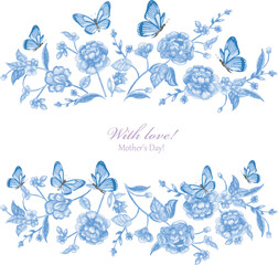 Aufkleber - watercolor flowers. floral frame banner with butterflies. vector