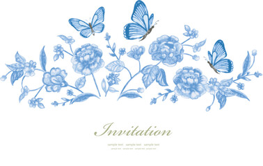 Aufkleber - watercolor flowers. floral border with butterflies. vector illus