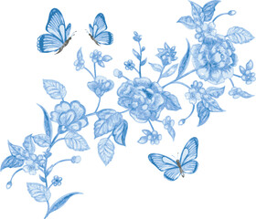 Aufkleber - watercolor flowers. design swirl element with butterflies. vecto