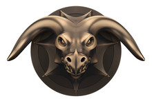 Dragon Head - 3D Sculpure. A Bronze Sculpture Of A Dragon Horned Head. 3D Rendering Graphics Isolated On Transparent Background.
