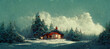 Leinwandbild Motiv Rustic country house, snowy winter, a cozy wooden cabin cottage chalet house covered in snow near ski resort in winter with the lights turn on. Digital art.