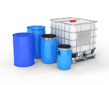 Collection Of Plastic And Metal Liquid Containers On A White Background, 3d Render
