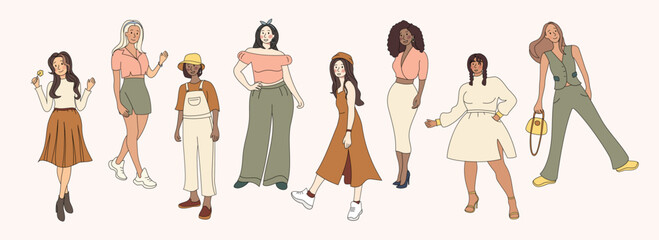 A group of diverse young modern women in fashionable clothing. Casual stylish fashionable outfits in an urban street style. Group of women of different nationalities. Hand drawn characters.