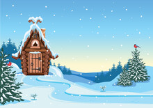 A Fairy Tale Hut Made Of Logs With A Snow-covered Roof, A Stone Chimney And A Horseshoe For Good Luck. Old Village House In Winter. Vector Illustration In Cartoon Style. Winter Fairytale Background.