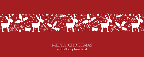 Wall Mural - christmas card with deer berry star gift and snowflake border