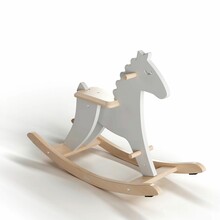 3D Rendering Of A Minimalistic White Rocking Horse With Wooden Details, Isolated On White Background