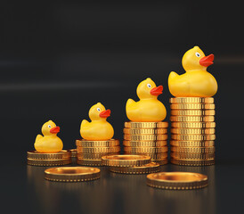 Wall Mural - Yellow rubber ducks and stacks of gold coins, growth concept, 3d render