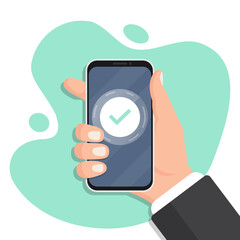 Poster - Hand holding smartphone with approved operation in a flat design