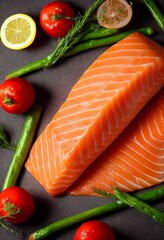 Wall Mural - Closeup shot of raw orange salmon fillet on table surrounded by tomatoes, asparagus and sliced lemon