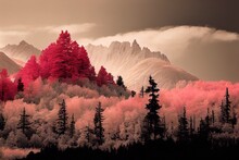 Mountains, Framed By Red Pine Trees, Shot In Infrared
