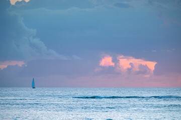 Sticker - Sailboat in the ocean under a blue sky with the horizon in the background