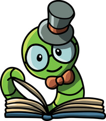 Wall Mural - Cute cartoon-style green worm with a hat reading a book.