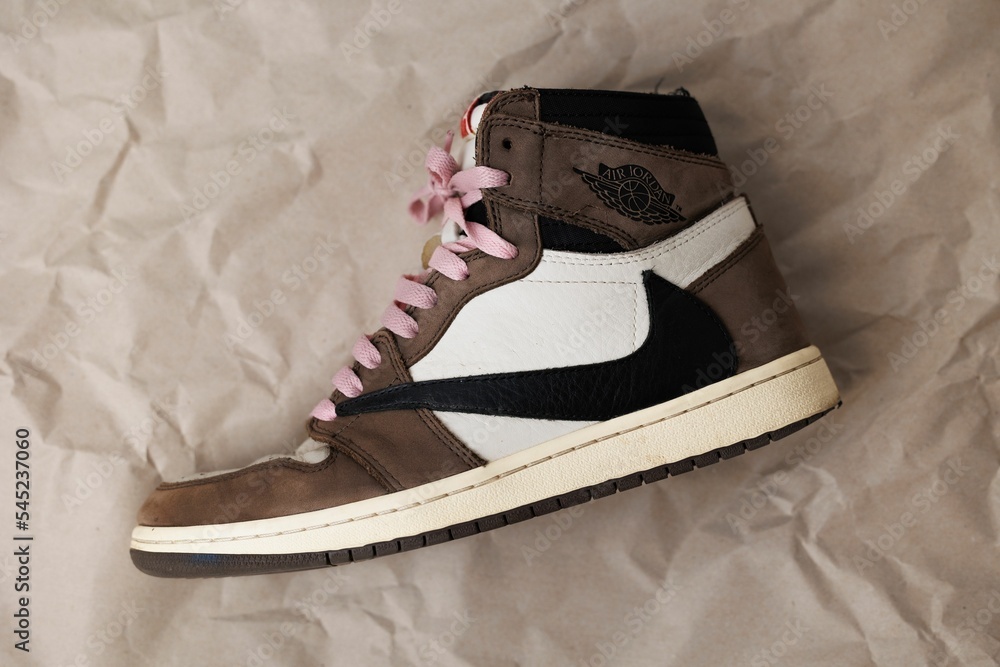 Closeup of Nike Air Jordan 1 High 'Travis Scott' with pink Closeup of Nike Air Jordan 1 High 'Travis Scott' with pink