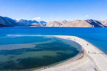 Wall Mural - Aerial landscape of Pangong Lake  and mountains with clear blue sky, it's a highest saline water lake in Himalayas range, landmarks and popular for tourist attractions in Leh, Ladakh, India, Asia