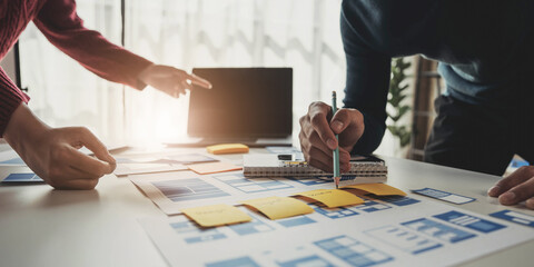 Ux developer and ui designer brainstorming about mobile app interface wireframe design on table with customer breif and color code at modern office.Creative digital development agency