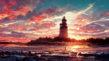 AI Generated Digital Art Of A Lighthouse Against Sunset Clouds