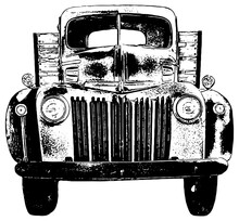 Vintage Rusty Farm Truck Illustration, Front View, In Black 
