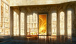 Golden beige wall with large windows and entrance. Glowing architectural background digital illustration