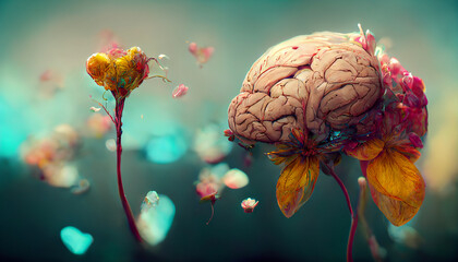 Mental health retro background. Brain made of flowers color digital illustration