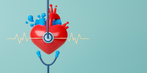 3d rendering concept healthcare and medical illustration. Heart with stethoscope. 