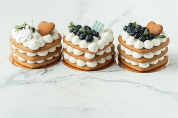 Wall Mural - Layered naked cakes with cream cheese filling decorated with blueberries on top. Birthday homemade cake on the white background.