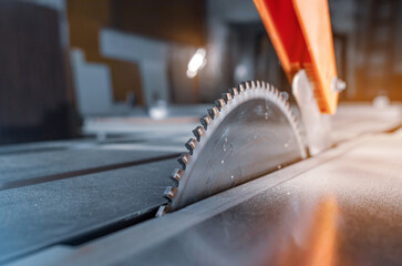 Closeup of wood cutting table with electric circular saw. Professional carpenter cutting wooden board at sawmill