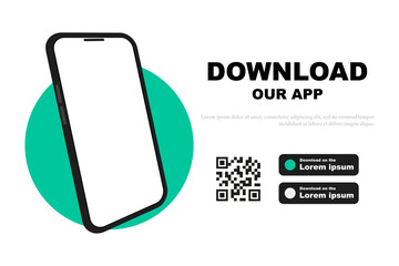 Advertising banner for downloading mobile app. Mockup smartphone with empty screen for your app. Download our app for mobile phone. Download buttons with scan QR code template