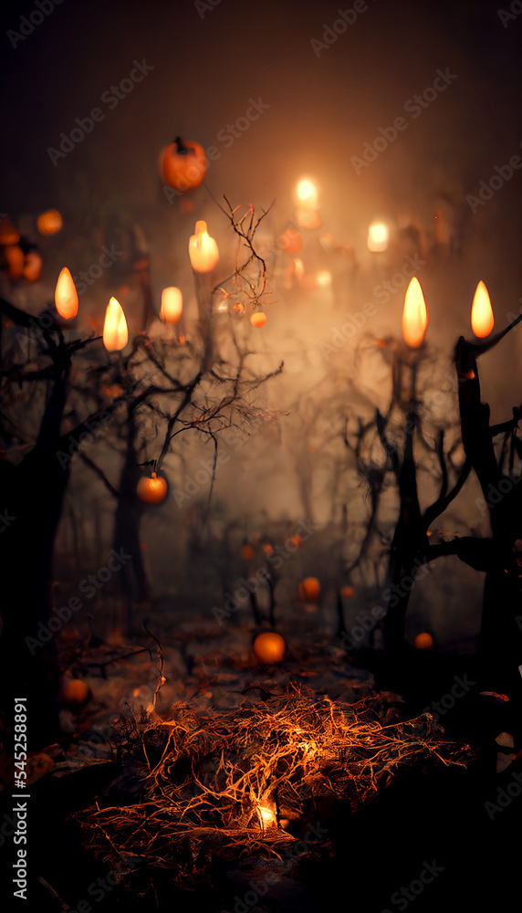 Mysterious and dark forest with candles and pumpkins in a thick fog ...