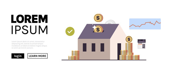 Mortgage and paying credit to bank, real estate property, house loan, rent concept flat illustration.	
