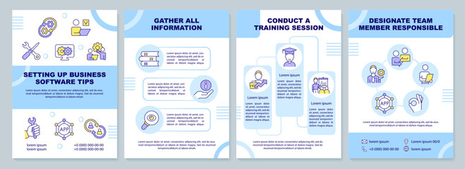 Setting up business software tips blue brochure template. Leaflet design with linear icons. Editable 4 vector layouts for presentation, annual reports. Arial-Black, Myriad Pro-Regular fonts used