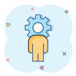 © Lysenko.A - People with gear icon in comic style. Person cogwheel cartoon vector illustration on white isolated background. Teamwork splash effect business concept.