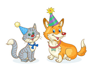 Poster - Funny corgi dog and gray cute cat in party hats are sitting together. In cartoon style. Isolated on white background. Vector illustration.