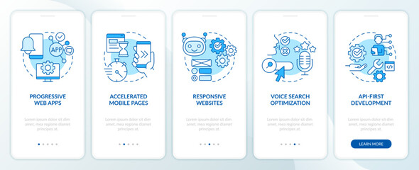 Digital development tendency blue onboarding mobile app screen. Walkthrough 5 steps editable graphic instructions with linear concepts. UI, UX, GUI template. Myriad Pro-Bold, Regular fonts used