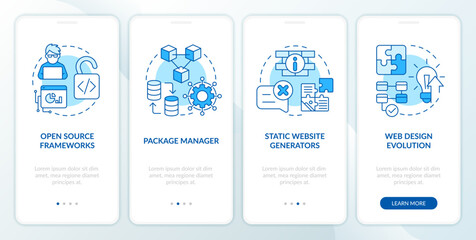Top digital tech trends blue onboarding mobile app screen. Walkthrough 4 steps editable graphic instructions with linear concepts. UI, UX, GUI template. Myriad Pro-Bold, Regular fonts used