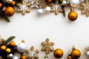  a white and gold christmas background with ornaments and snowflakes on it's sides and a white background with gold and silver ornaments. Generative AI