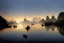 The Li River, Xingping, China, Scenic Landscape. Cormorant Fishermans On The Ancient Bamboo Boats With A Lighted Lamps At Sunrise.