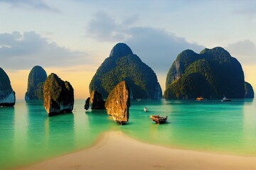long tail boats in maya bay, andaman sea, thailand, south asia