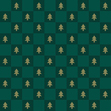 Cute Retro Vintage Christmas Checkerboard Seamless Pattern Vector Background. Abstract Festive Green Repeat Texture Wallpaper With Xmas Christmas Tree Icon Silhouette, Modern Trendy Textile Design