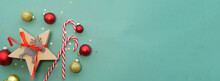 Christmas Banner With A Gift, Christmas Balls And Candy Canes