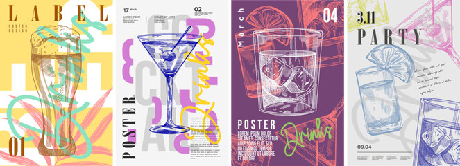 Wall Mural - party poster design. drinks, cocktails, beer. set of vector illustrations. typography. vintage penci