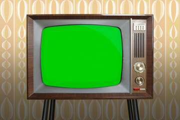 old retro analog TV in room with old fashioned wallpaper, red button, blank screen for designer with copy space, 1960-1970, concept modernization or technological revolution, mockup, template