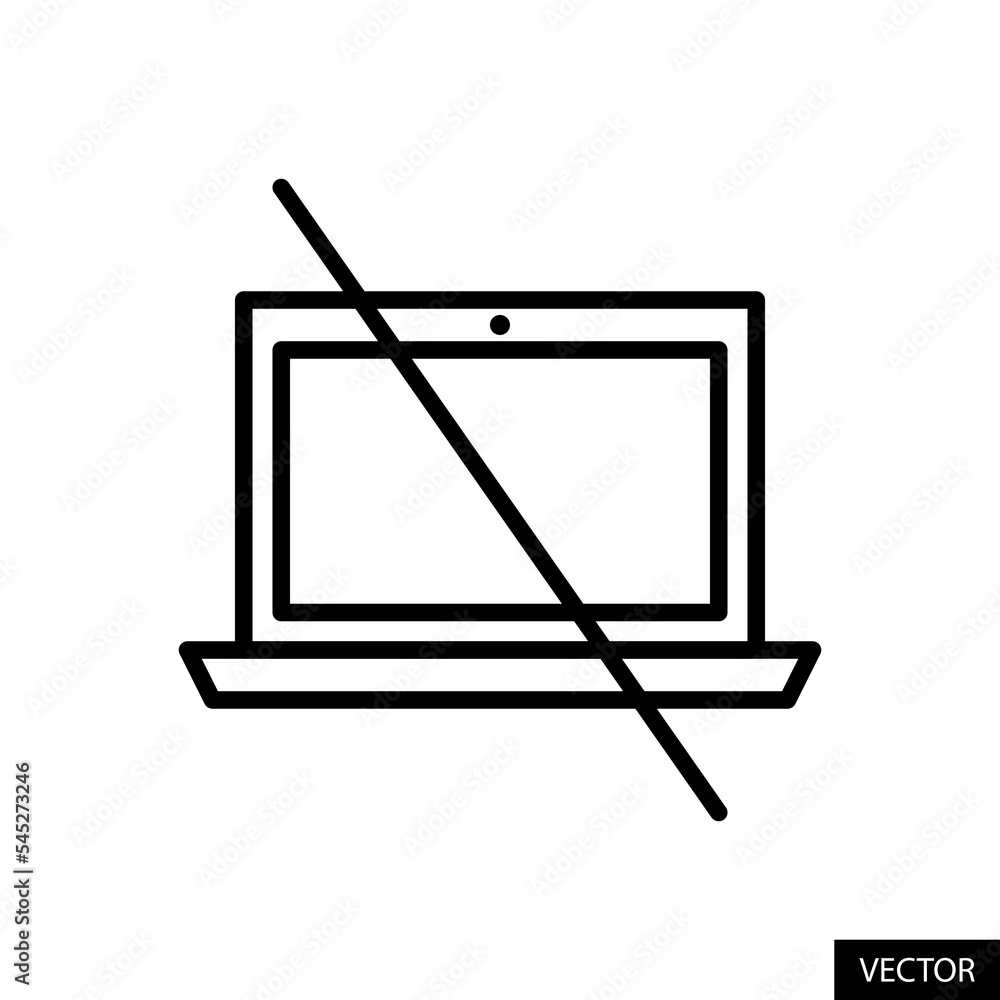 Laptop not allowed, No computer, Laptop prohibition vector icon in line ...