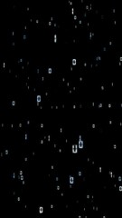 Endless loop digital binary code numbers travel on black vertical background.	
