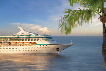 Wall Mural - Luxury cruise ship sailing from port on sunrise 