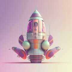 Poster - Funny, ultra soft Spaceship rocket isolated on pink background. Pastel colors. Colorful poster and banner. Cartoon minimal air style. 3D illustration