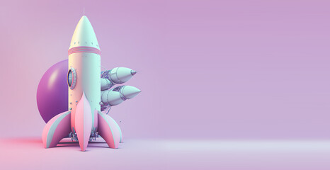 Poster - Funny, ultra soft Spaceship rocket isolated on pink background. Pastel colors. Colorful poster and banner. Cartoon minimal air style. 3D illustration