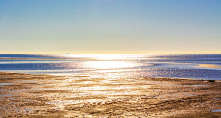 Wall Mural - Beautiful coast mudflats and wadden sea seascape landscape Dorum Germany.