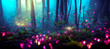 © PhotoGranary - Abstract landscape. Colorful art fantasy landscape with a forest and glowing lights. Background illustration. Digital art image.