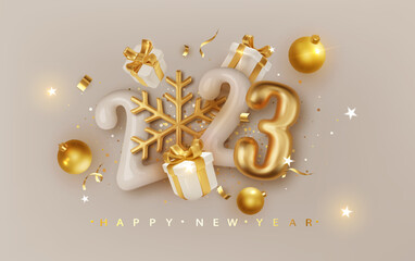Wall Mural - 2023 realistic glossy 3d number with golden snowflake and gift boxes . Happy New Year and Merry Christmas 2023. Greeting card. Vector 3d rendering