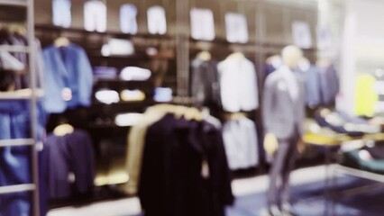 Wall Mural - Fashion, retail and shop, blurred interior view of apparel clothing store in luxury shopping mall as defocused background. High quality 4k footage